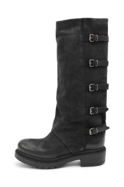 Metisse MA923 Biker Boots in Black Nubuck with Buckle Details