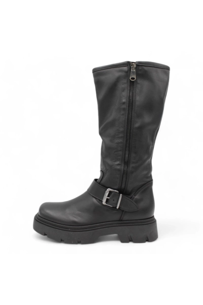 Noee High Biker Boots, black leather, with buckle and side zip.